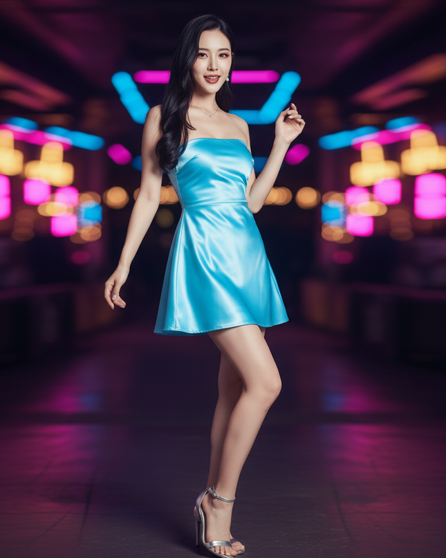 Satin Kleid - Satin Partykleid Kurz Blau - Mini Abendkleid - Ansicht 3