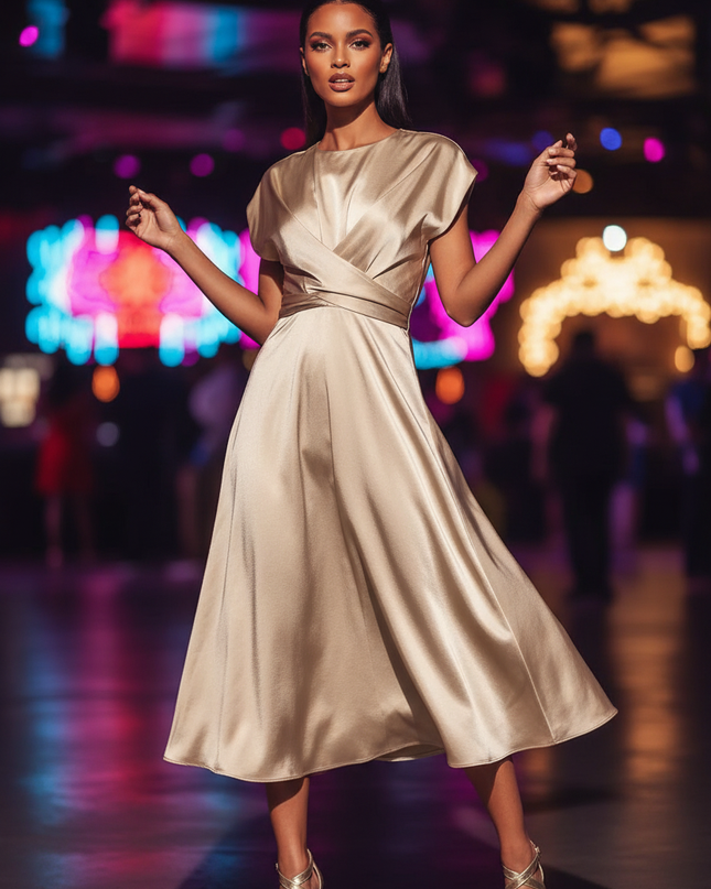 Satinkleid champagner - Champagnerfarbenes Satin Partykleid Traeger - Ansicht 1