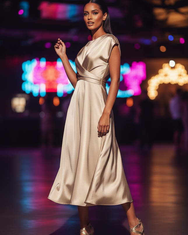 Satinkleid champagner - Champagnerfarbenes Satin Partykleid Traeger - Ansicht 3
