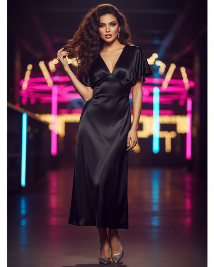 Satin Kleid Black - Satin Partykleid Lang Schwarz Langarm | Fledermaus - Ansicht 1
