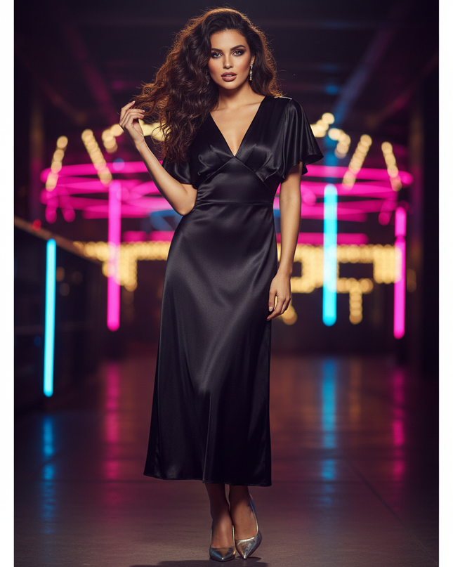 Satin Kleid Black - Satin Partykleid Lang Schwarz Langarm | Fledermaus - Ansicht 1