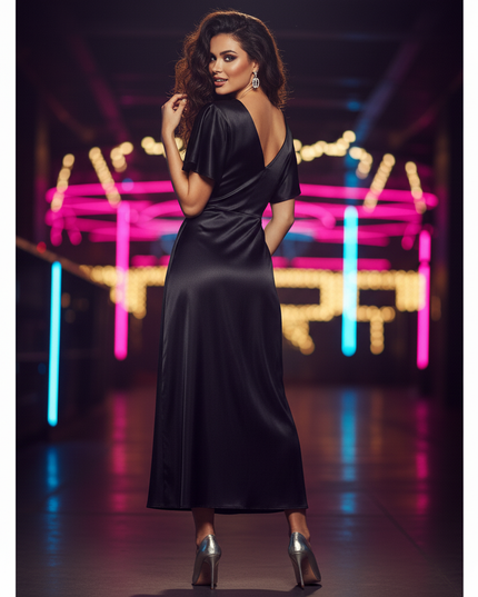 Satin Kleid Black - Satin Partykleid Lang Schwarz Langarm | Fledermaus - Ansicht 2
