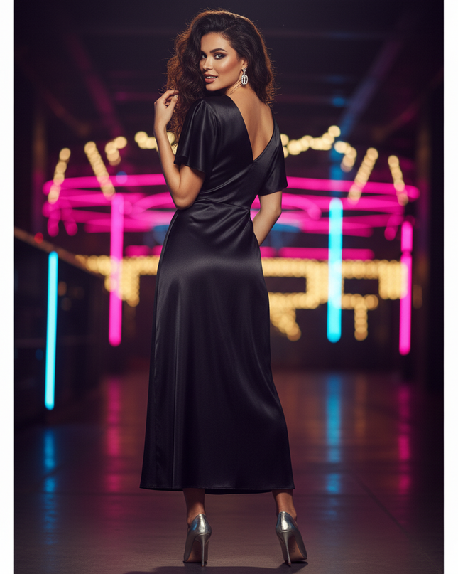 Satin Kleid Black - Satin Partykleid Lang Schwarz Langarm | Fledermaus - Ansicht 2