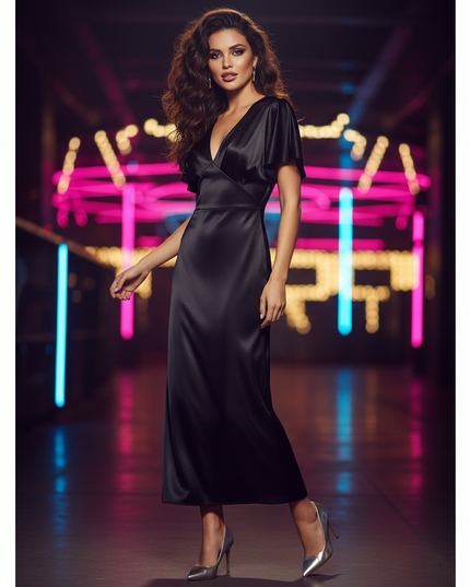 Satin Kleid Black - Satin Partykleid Lang Schwarz Langarm | Fledermaus - Ansicht 3