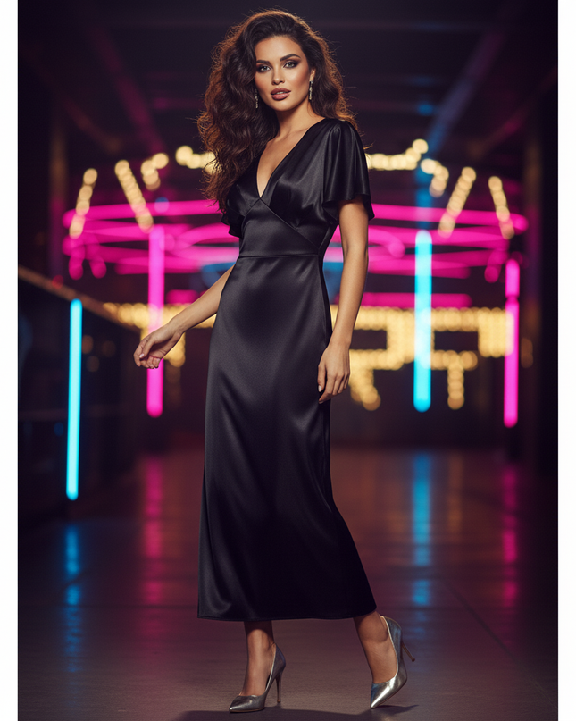 Satin Kleid Black - Satin Partykleid Lang Schwarz Langarm | Fledermaus - Ansicht 3