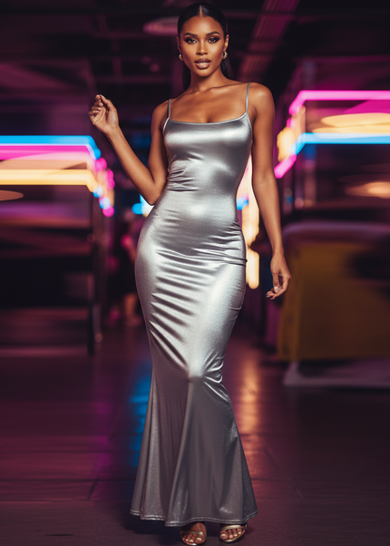 Satin Kleid Silver - Satin Partykleid Lang Silber | Maxi Bodycon Rueckenfrei - Ansicht 1