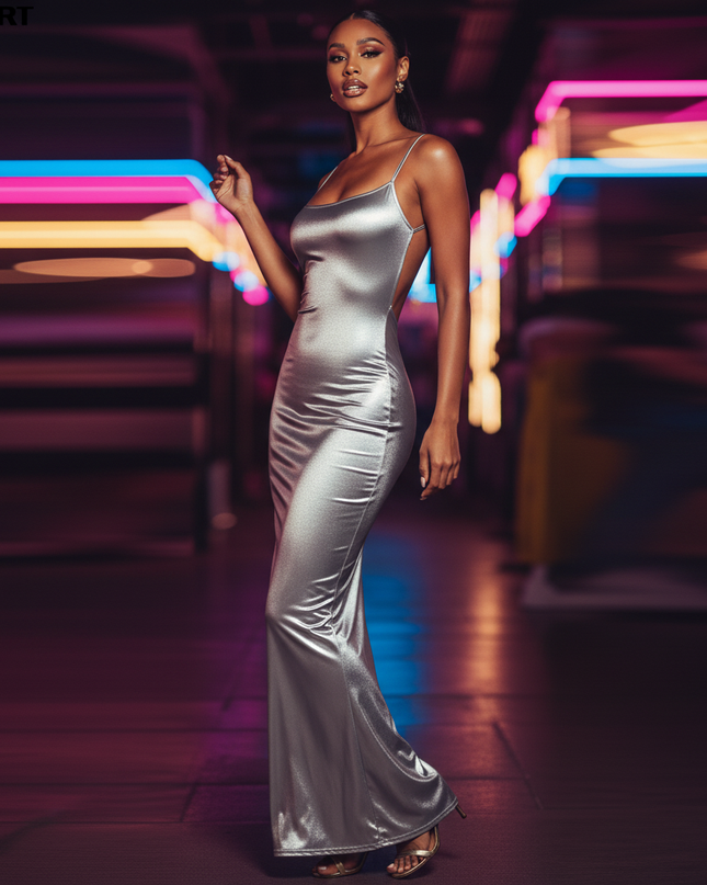 Satin Kleid Silver - Satin Partykleid Lang Silber | Maxi Bodycon Rueckenfrei - Ansicht 3
