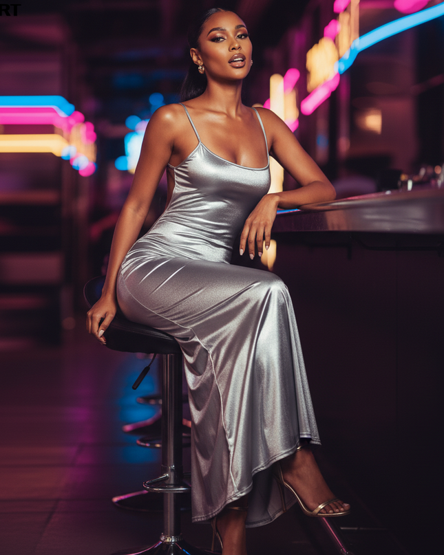 Satin Kleid Silver - Satin Partykleid Lang Silber | Maxi Bodycon Rueckenfrei - Ansicht 5