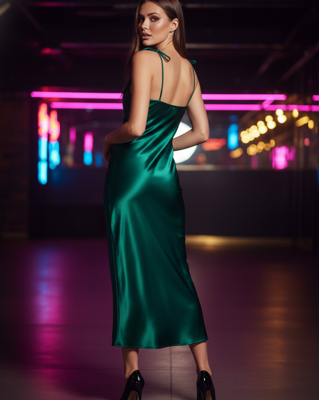 Satin Kleid Green - Satin Partykleid Midi Elegant Gruen | Cowl Neck - Ansicht 2