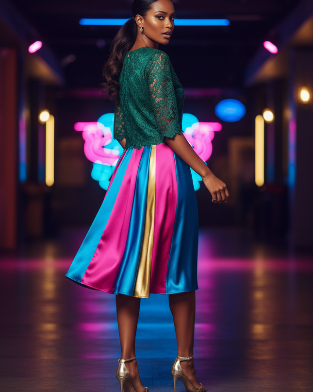 Satin Kleid Multicolor - Satin Partykleid Midi Grau | Bodycon Spaghettitraeger - Ansicht 2
