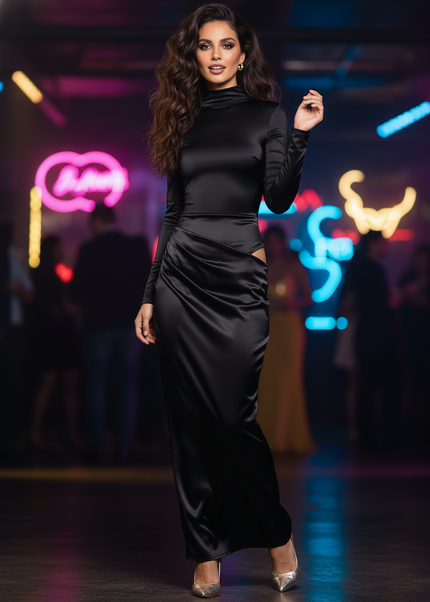 Satinkleid schwarz - Schwarzes One-Shoulder Satin Maxikleid - Ansicht 1