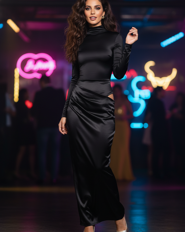 Satinkleid schwarz - Schwarzes One-Shoulder Satin Maxikleid - Ansicht 1