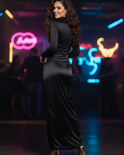 Satinkleid schwarz - Schwarzes One-Shoulder Satin Maxikleid - Ansicht 2