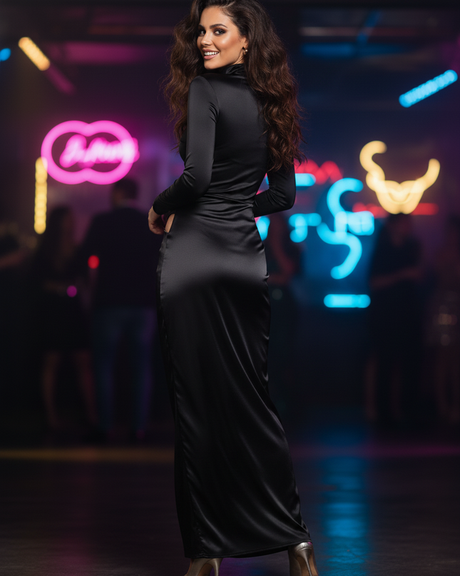 Satinkleid schwarz - Schwarzes One-Shoulder Satin Maxikleid - Ansicht 2