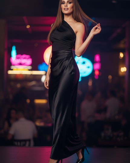 Satinkleid schwarz - Schwarzes One-Shoulder Satin Kleid Lang - Ansicht 3