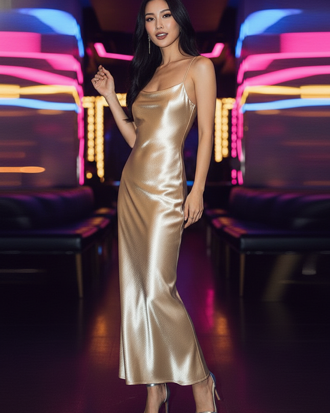 Satin Kleid Gold - Satin Partykleid Pailletten Gold | Maxi Glanzvoll - Ansicht 3
