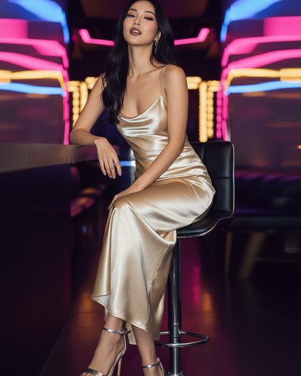Satin Kleid Gold - Satin Partykleid Pailletten Gold | Maxi Glanzvoll - Ansicht 5