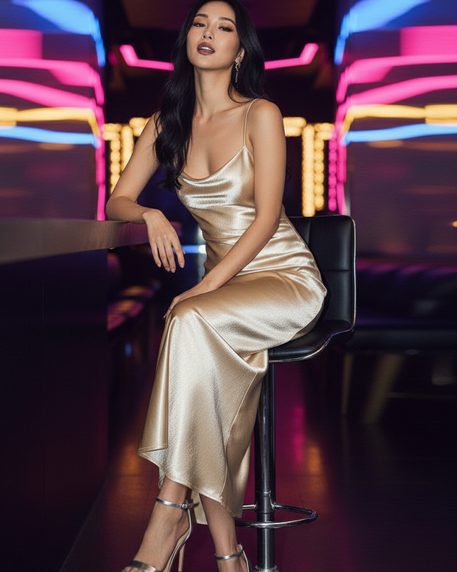 Satin Kleid Gold - Satin Partykleid Pailletten Gold | Maxi Glanzvoll - Ansicht 5