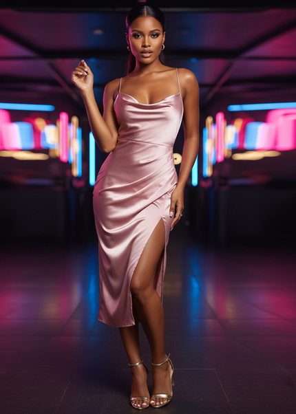 Satin Kleid Pink - Satin Partykleid Rosa | Rueckenfrei Spaghettitraeger - Ansicht 1