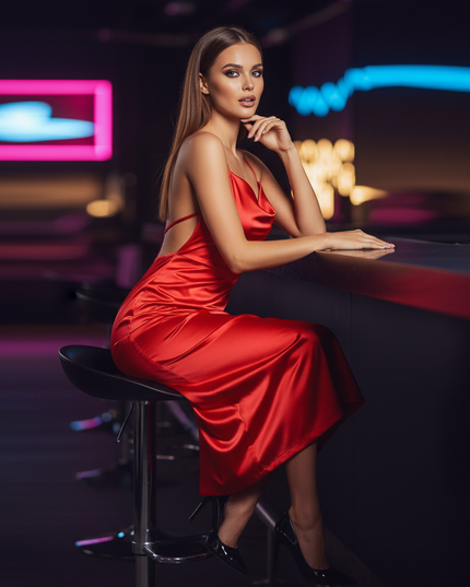 Satin Kleid Red - Satin Partykleid Rueckenfrei Rot | V-Ausschnitt Slim - Ansicht 5