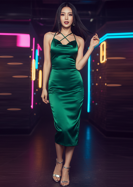 Satin Kleid Green - Satin Partykleid Smaragdgruen | V-Ausschnitt Rueckenfrei - Ansicht 1