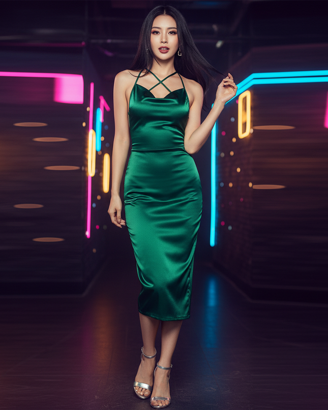 Satin Kleid Green - Satin Partykleid Smaragdgruen | V-Ausschnitt Rueckenfrei - Ansicht 1