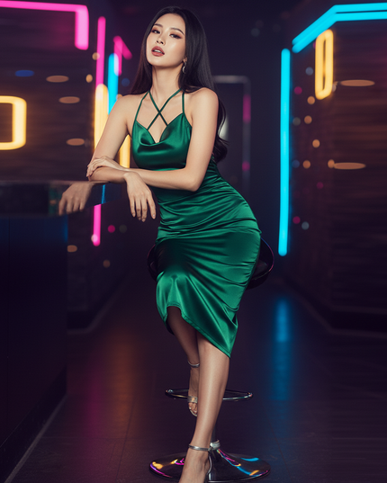 Satin Kleid Green - Satin Partykleid Smaragdgruen | V-Ausschnitt Rueckenfrei - Ansicht 5