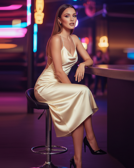 Satin Kleid Cream - Satin Partykleid Spaghettitraeger | Rueckenfrei Braun - Ansicht 5
