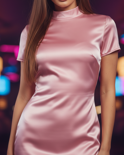 Satin Kleid Pink - Satin Partykleid Stehkragen Rosa | Bodycon Mini - Ansicht 4