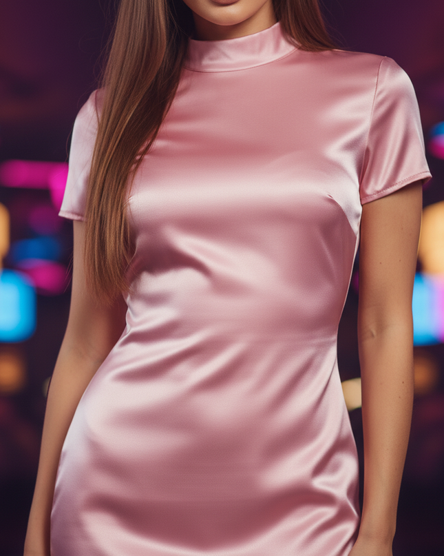 Satin Kleid Pink - Satin Partykleid Stehkragen Rosa | Bodycon Mini - Ansicht 4