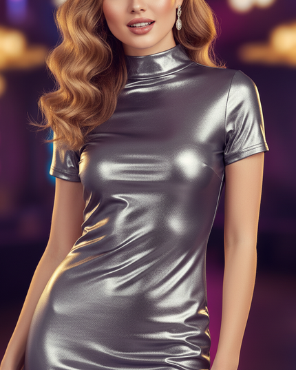 Satin Kleid Silver - Satin Partykleid Stehkragen | Bodycon Mini Silber - Ansicht 4