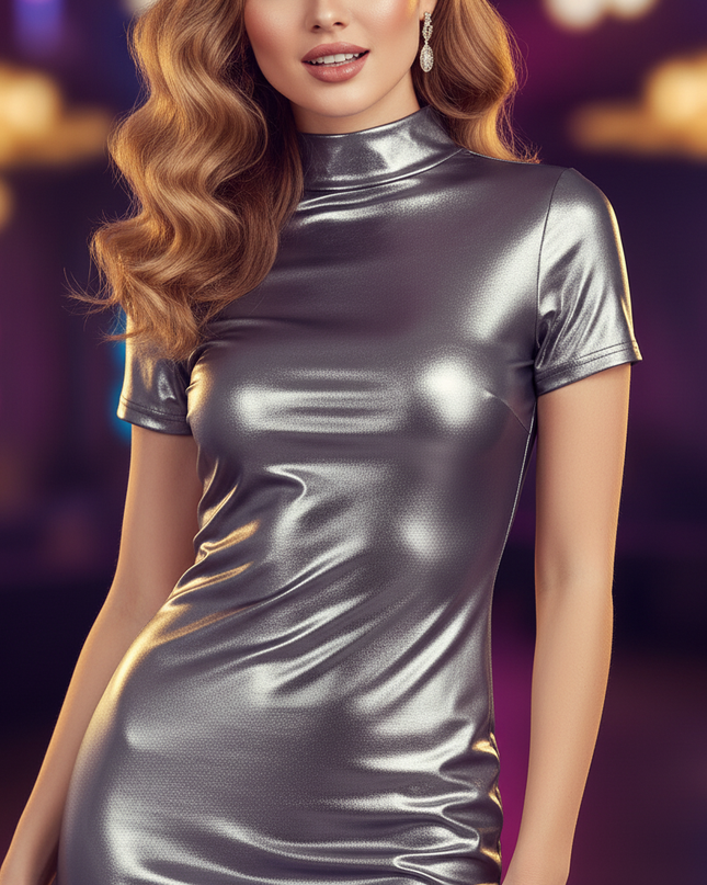 Satin Kleid Silver - Satin Partykleid Stehkragen | Bodycon Mini Silber - Ansicht 4