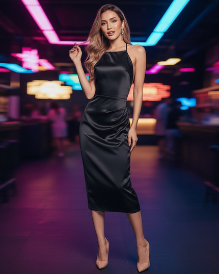 Satin Kleid Black - Satin Partykleid Traeger Schwarz | Cowl Neck Mini - Ansicht 4