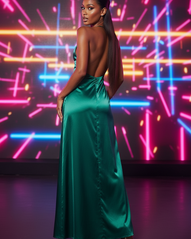 Satin Kleid Green - Satin Partykleid V-Ausschnitt Gruen | Spitze Backless - Ansicht 2