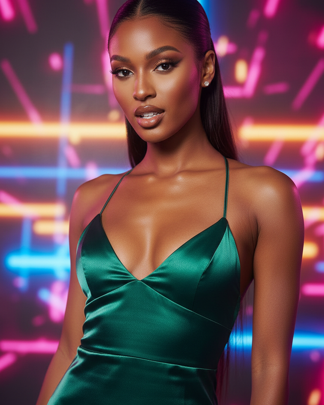 Satin Kleid Green - Satin Partykleid V-Ausschnitt Gruen | Spitze Backless - Ansicht 4