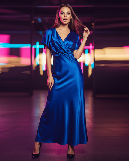 Satin Kleid Blue - Satin Partykleid V-Ausschnitt Hellblau | Langarm - Ansicht 1
