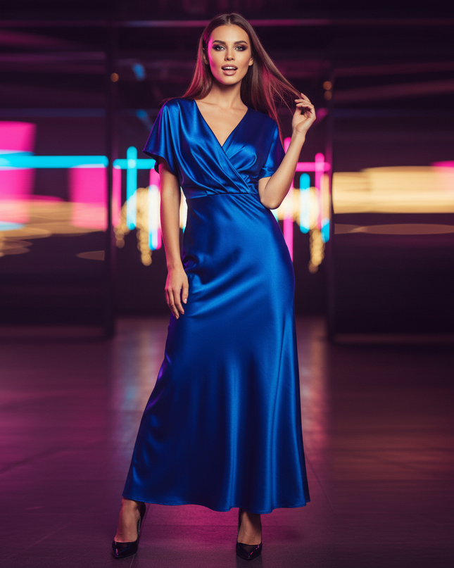 Satin Kleid Blue - Satin Partykleid V-Ausschnitt Hellblau | Langarm - Ansicht 1
