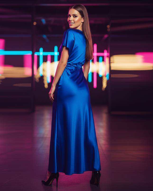 Satin Kleid Blue - Satin Partykleid V-Ausschnitt Hellblau | Langarm - Ansicht 2
