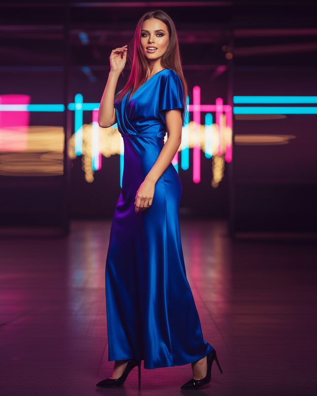 Satin Kleid Blue - Satin Partykleid V-Ausschnitt Hellblau | Langarm - Ansicht 3