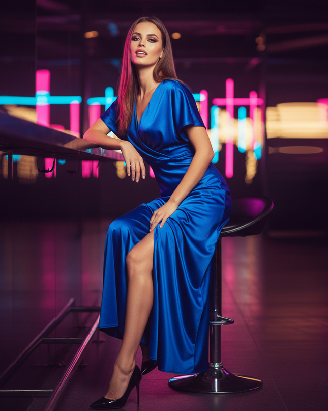 Satin Kleid Blue - Satin Partykleid V-Ausschnitt Hellblau | Langarm - Ansicht 5