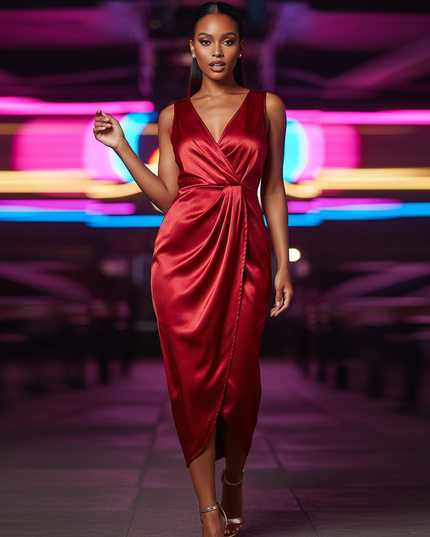 Satin Kleid Red - Satin Partykleid V-Ausschnitt | Wickelkleid Elegant - Ansicht 1
