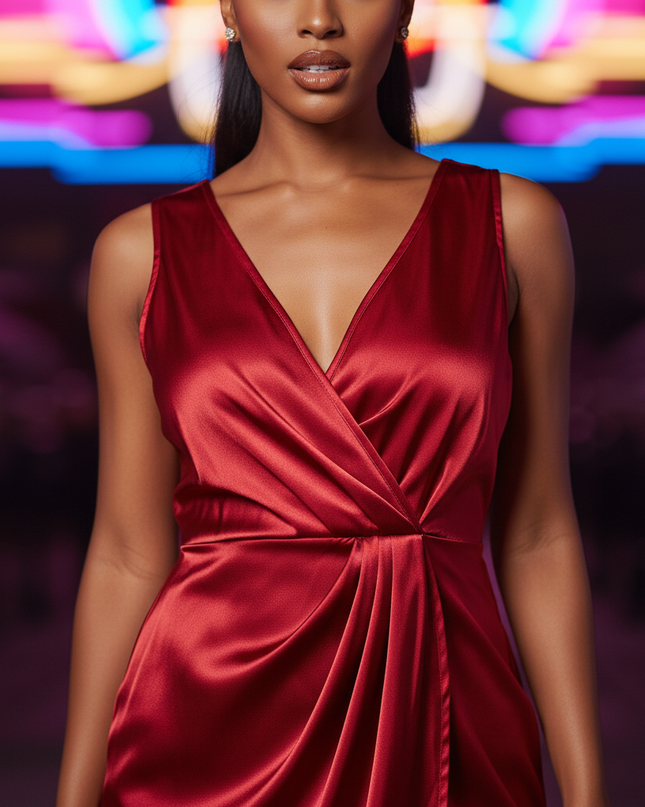 Satin Kleid Red - Satin Partykleid V-Ausschnitt | Wickelkleid Elegant - Ansicht 4