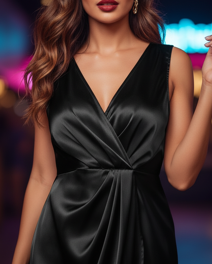 Satin Kleid Black - Satin Partykleid Wickel Schwarz | Elegant V-Ausschnitt - Ansicht 4