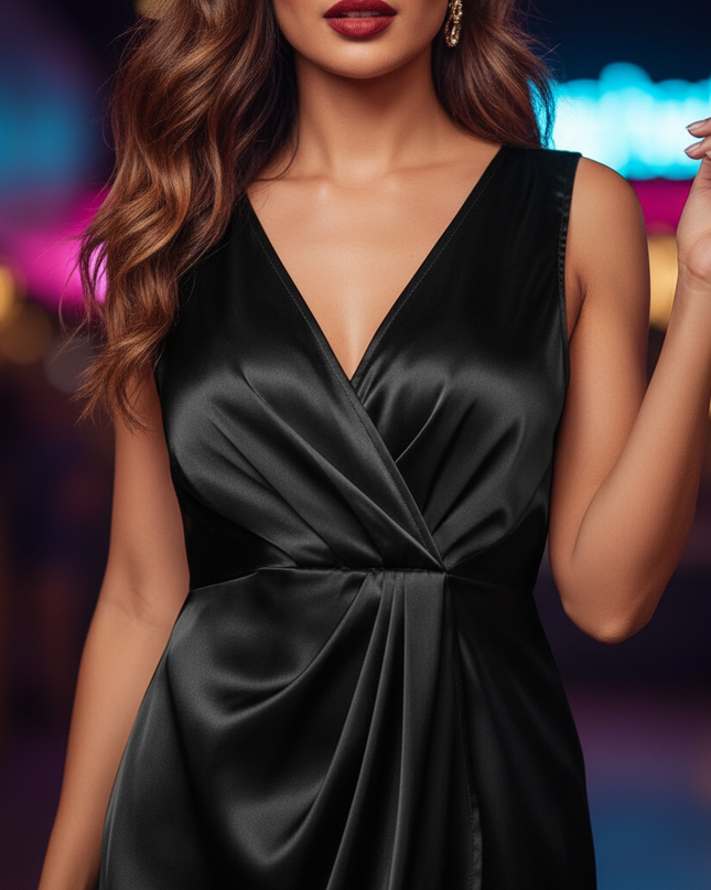 Satin Kleid Black - Satin Partykleid Wickel Schwarz | Elegant V-Ausschnitt - Ansicht 4