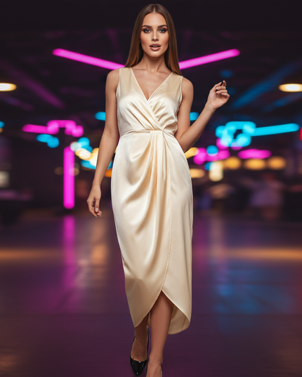 Satin Kleid Cream - Satin Partykleid Wickelkleid | Braun Figurnahe - Ansicht 1