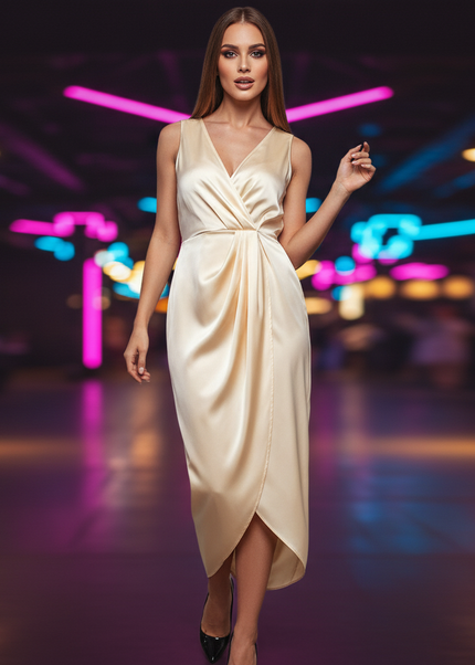 Satin Kleid Cream - Satin Partykleid Wickelkleid | Braun Figurnahe - Ansicht 1
