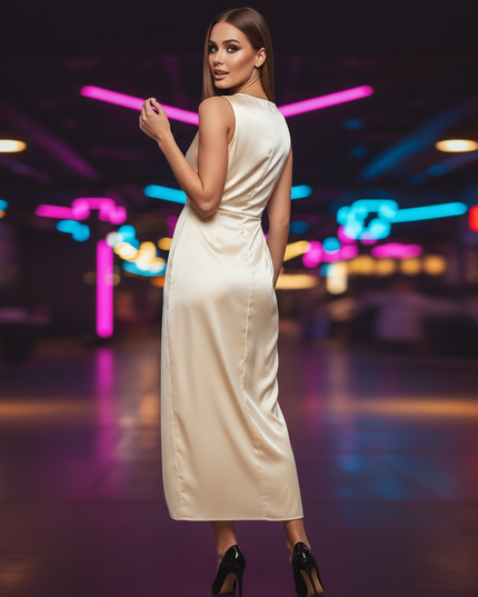 Satin Kleid Cream - Satin Partykleid Wickelkleid | Braun Figurnahe - Ansicht 2