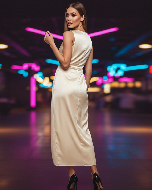 Satin Kleid Cream - Satin Partykleid Wickelkleid | Braun Figurnahe - Ansicht 2