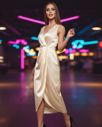 Satin Kleid Cream - Satin Partykleid Wickelkleid | Braun Figurnahe - Ansicht 3