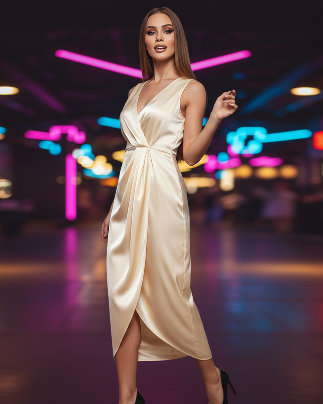 Satin Kleid Cream - Satin Partykleid Wickelkleid | Braun Figurnahe - Ansicht 3